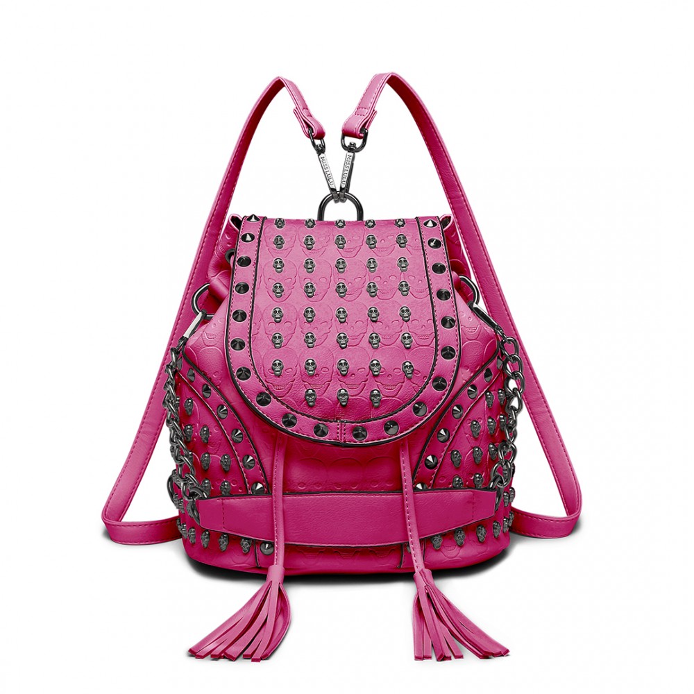 L1414 Miss Lulu Skull Studded Backpack Shoulder Bag Plum